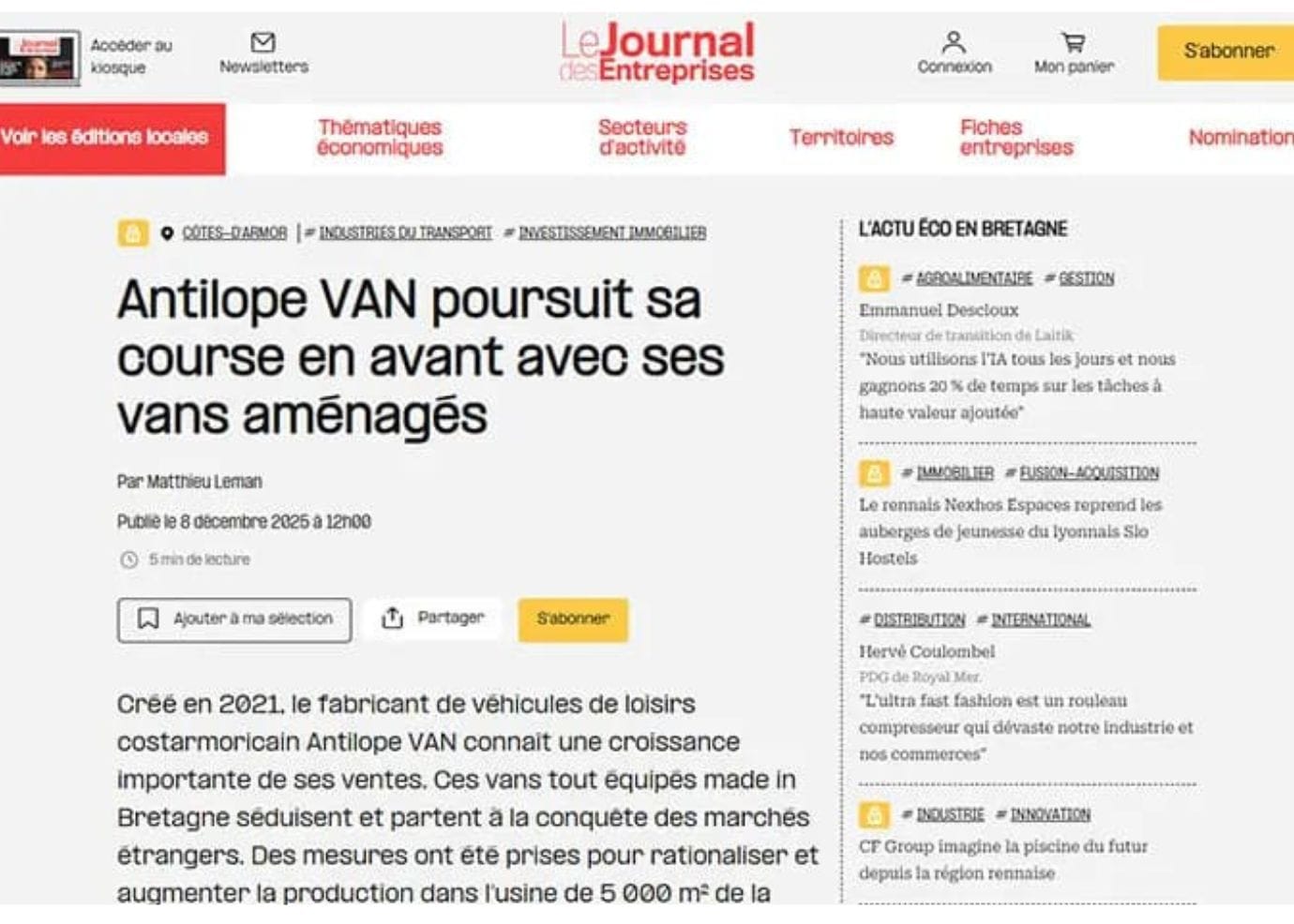 LEJOURNALDESENTREPRISES marque ANTILOPE VAN